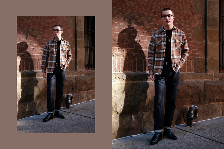 A diptych of a man in a brown flannel and blue jeans on the street.