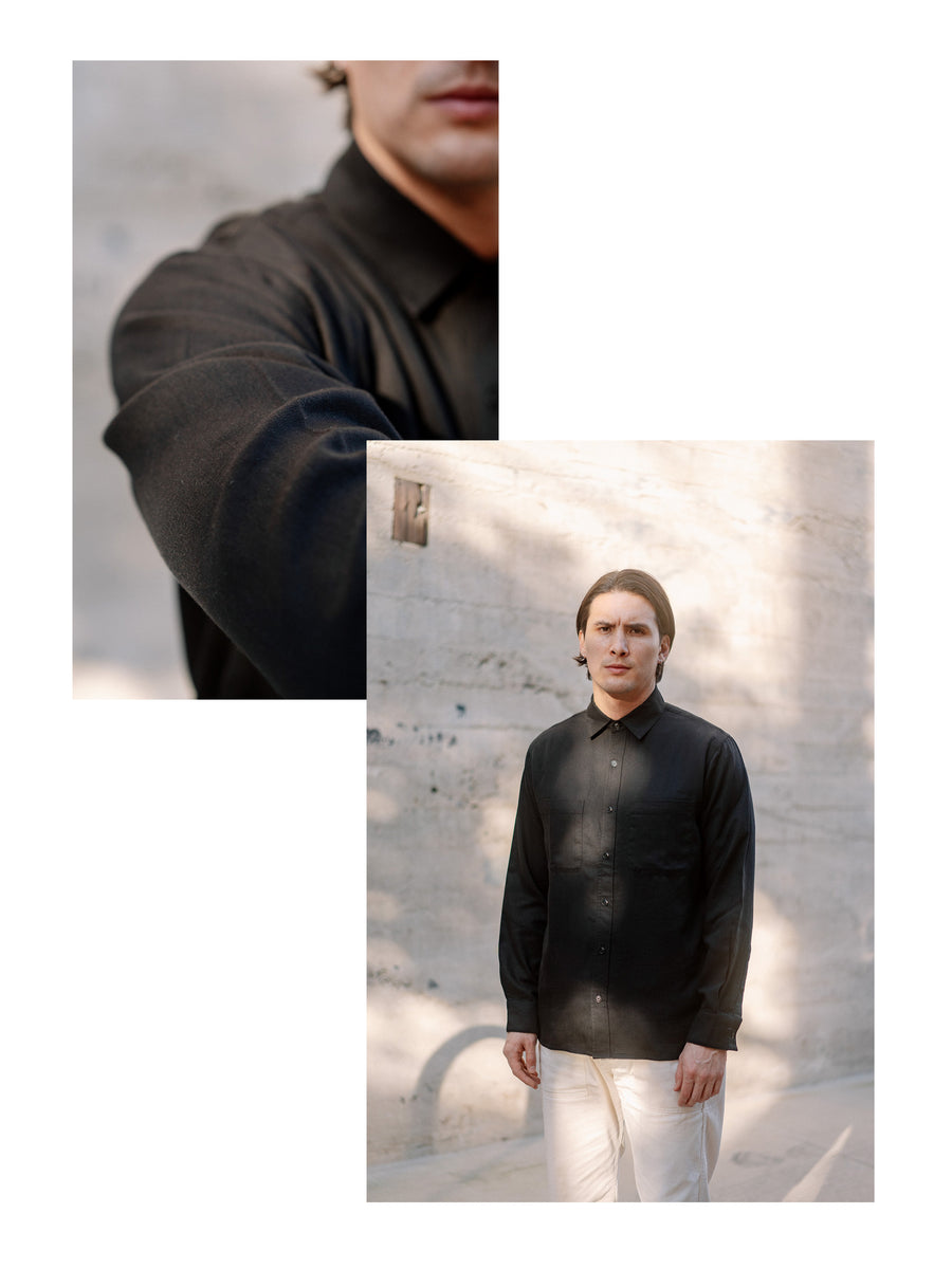 A diptych of a man in a black button down shirt.