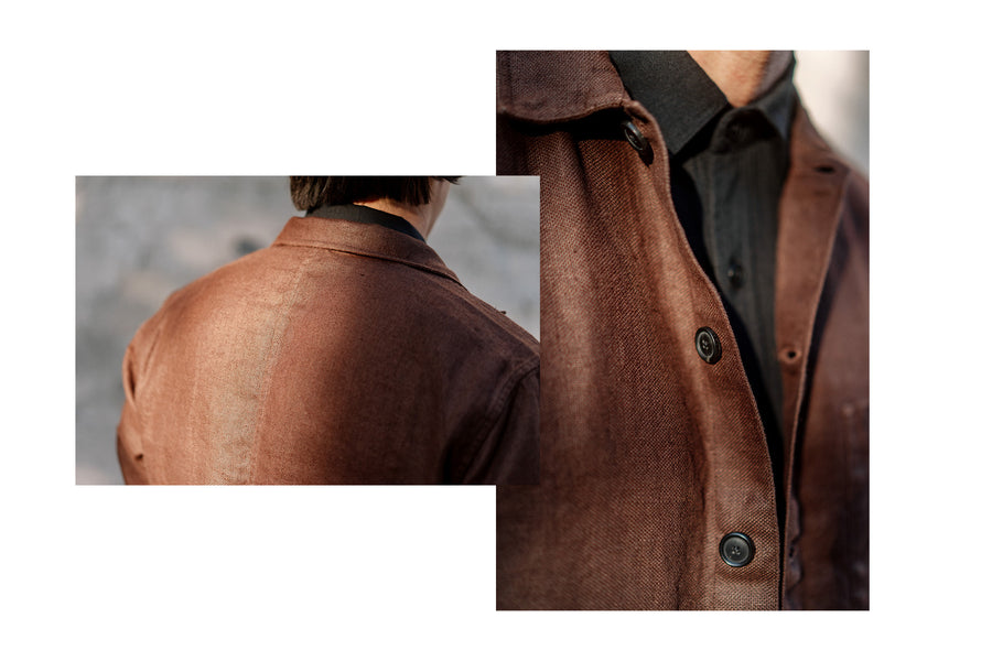 A diptych of a man in a brown jacket.