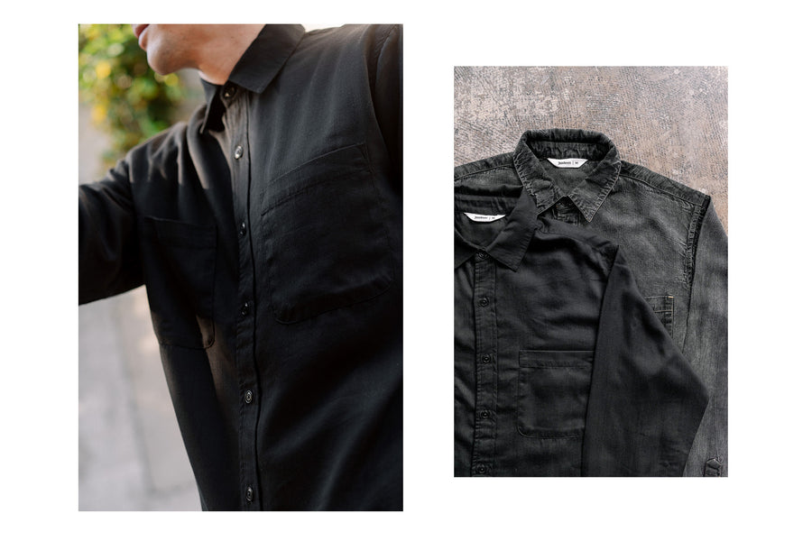 A diptych of a man in a black shirt