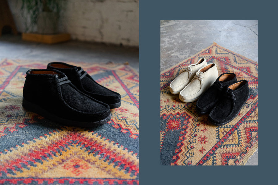 A diptych of two images of shaggy suede P404 boots on a rug.