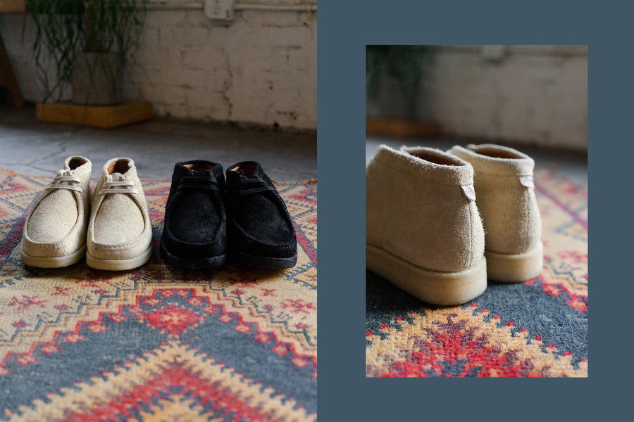 A diptych of two images of shaggy suede P404 boots on a rug.