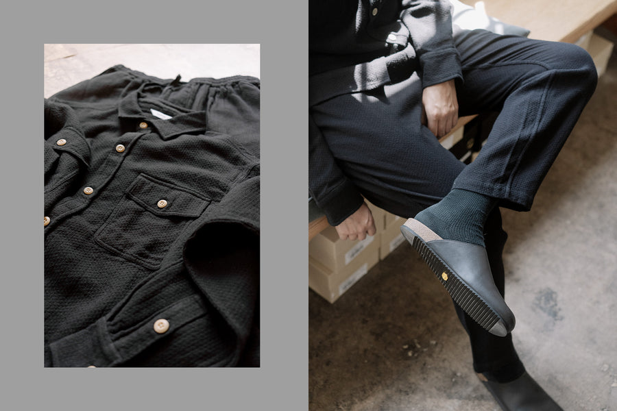 A diptych of a textured black shirt and some pants with black slippers.