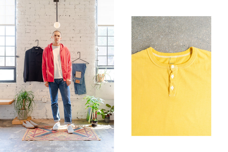 A dipytch of a man in a red hoody next to a yellow henley.