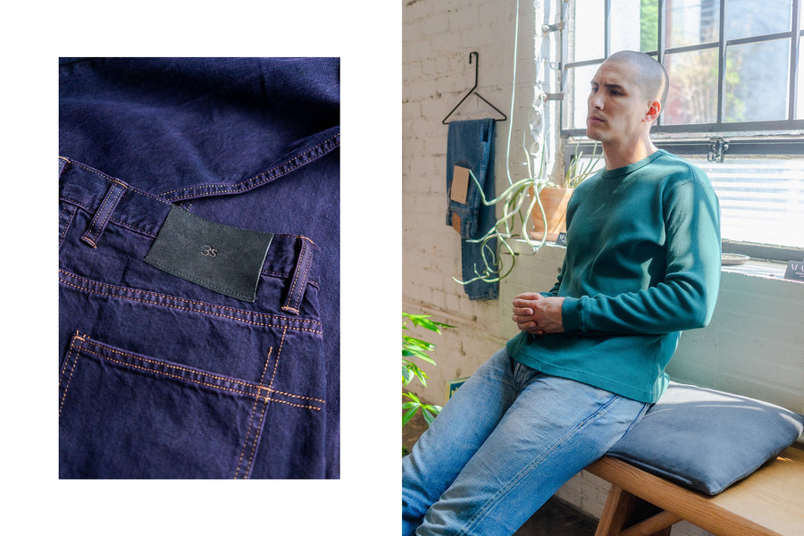 A diptych of purple jeans and a man in a green thermal.