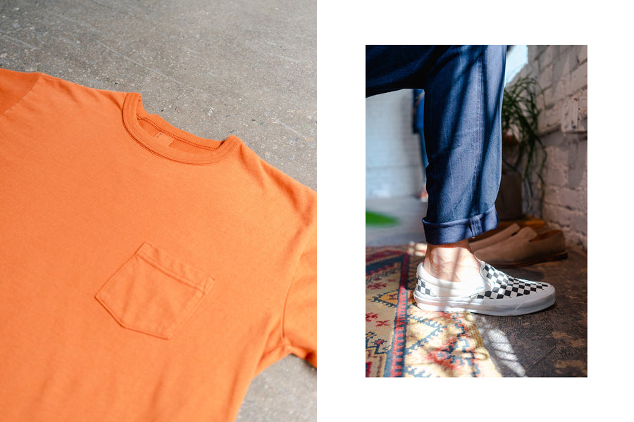 A diptych of an orange t-shirt and a detail shot of a pair of blue jeans.