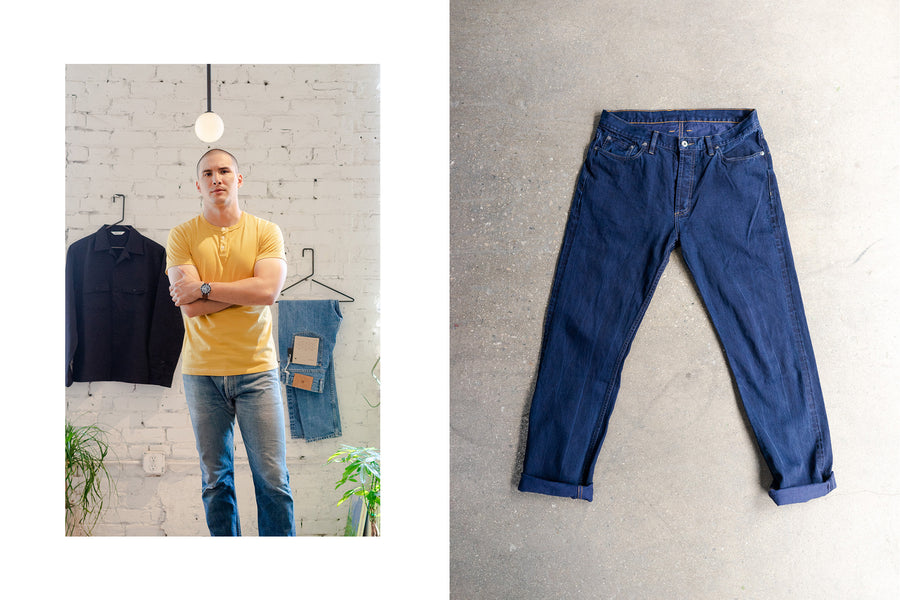 A diptych of a man in a yellow henley and a pair of overdyed blue jeans.