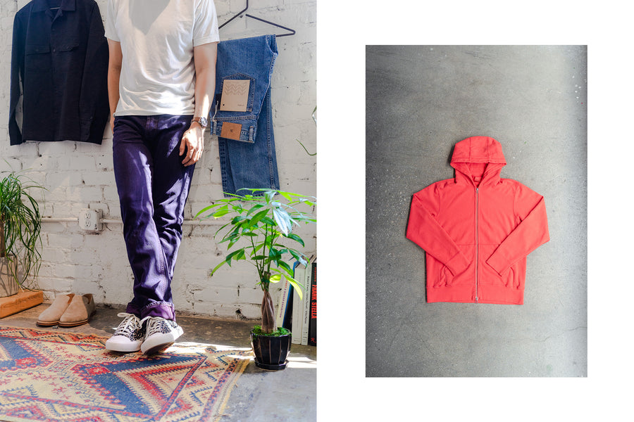 A diptych of a man n purple jeans and a red hoody.