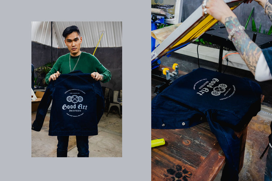 A proud customer shows off his 3sixteen Type 3s jacket which was printed with the special event graphic.
