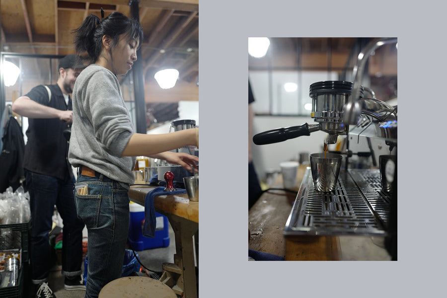 A dipytch of a barista from Go Get Em Tiger in Los Angeles making espresso drinks at the event for guests.