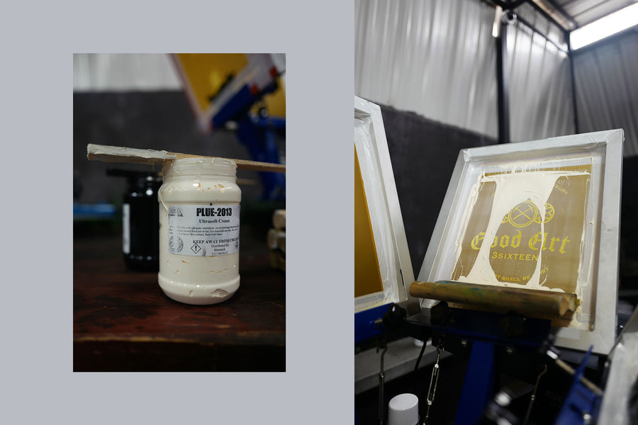 A diptych photo of plastisol ink and silk screens for printing garments