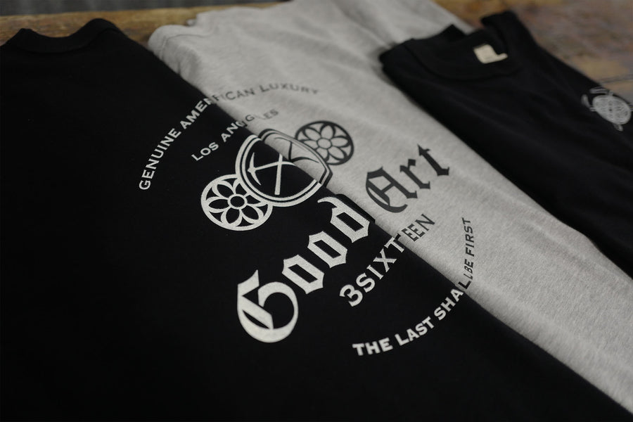 Two 3sixteen t-shirts sit side by side showing the special silk screen graphic from the event.