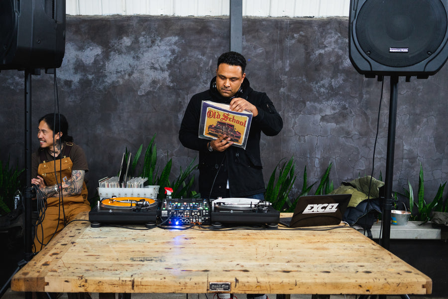 DJ Roland Blunts selects records for his live mix. 