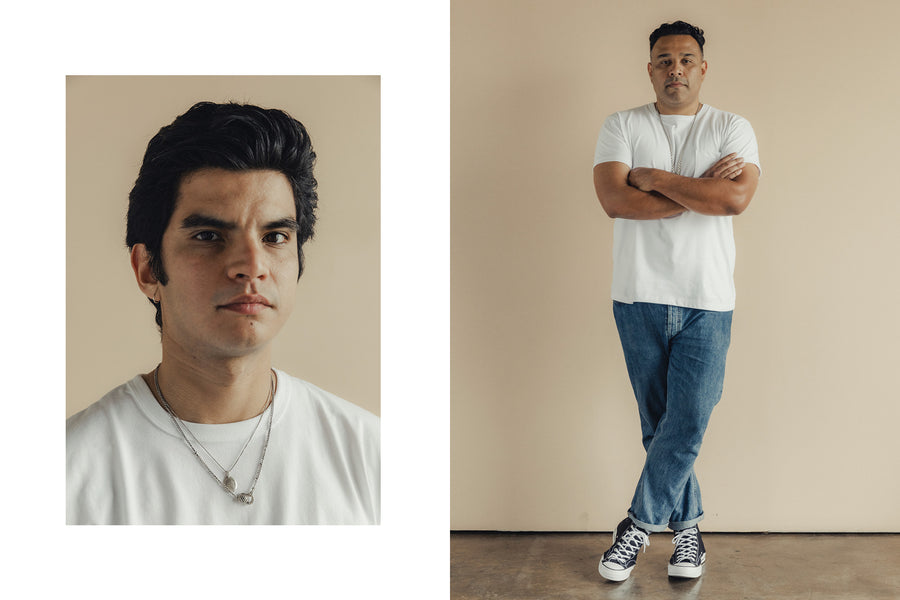 Photos of handsome men in white tees.