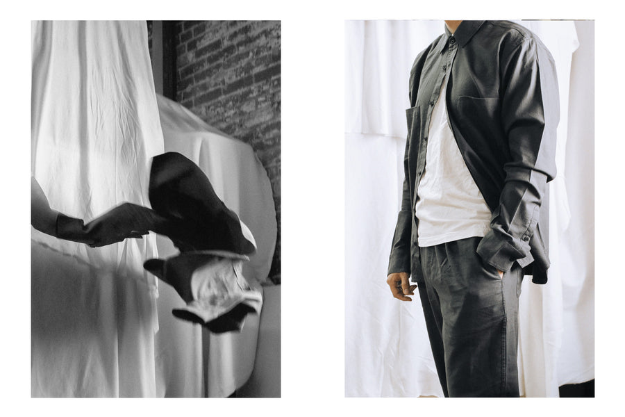 A diptych of a man in a grey shirt and pants.