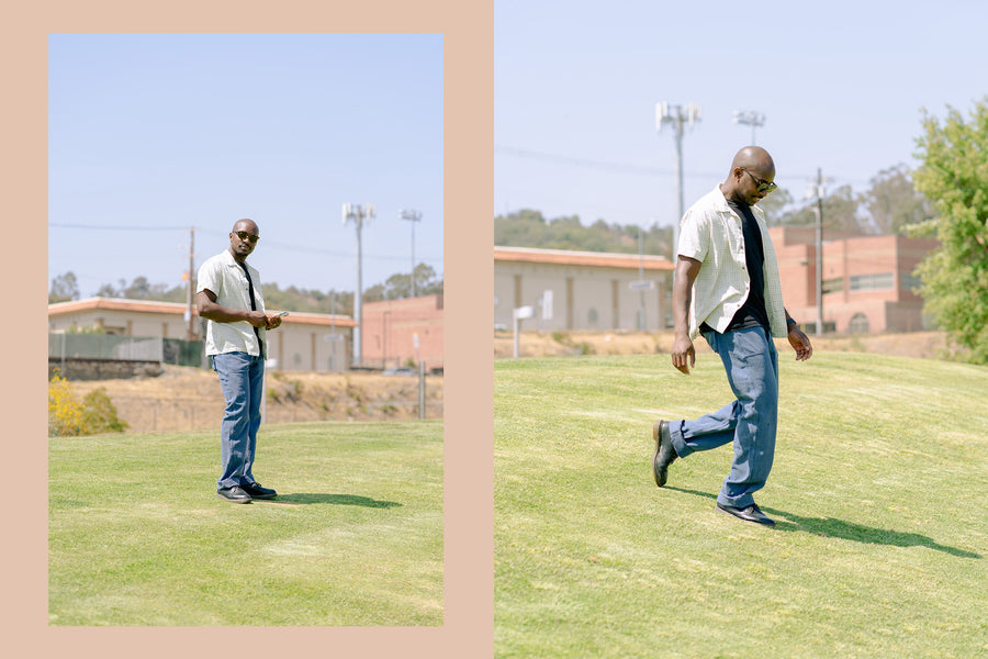 A diptych of a man in a white vacation shirt on a green lawn.