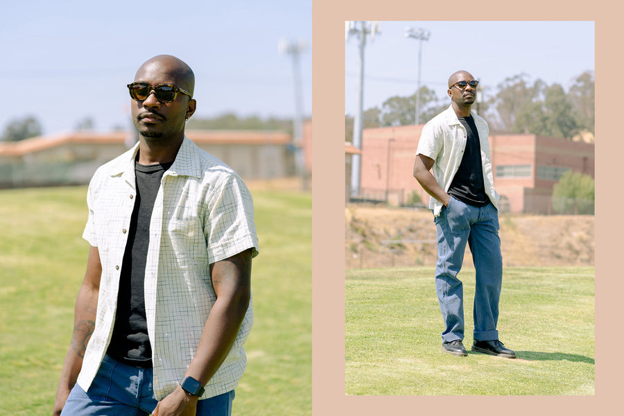 A diptych of a man in a white vacation shirt on a green lawn.