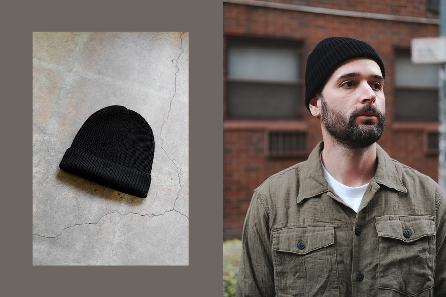 A diptych of a black knit cap on the floor and a man wearing one with an olive shirt.