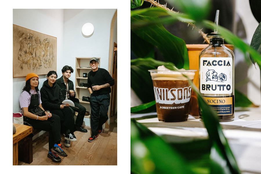 A diptych of friends sitting together at a party, and an espresso cocktail.